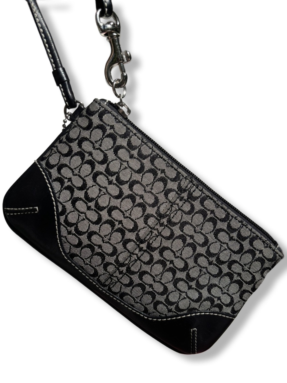 Coach Black and Gray Signature Zip Wristlet with Leather Trim